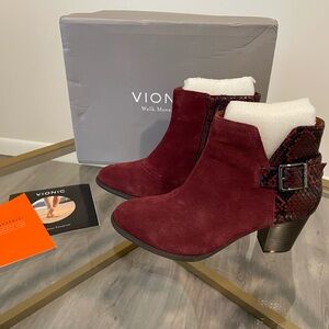 Vionic Burgundy Ankle Boots with Snake Print Accent
